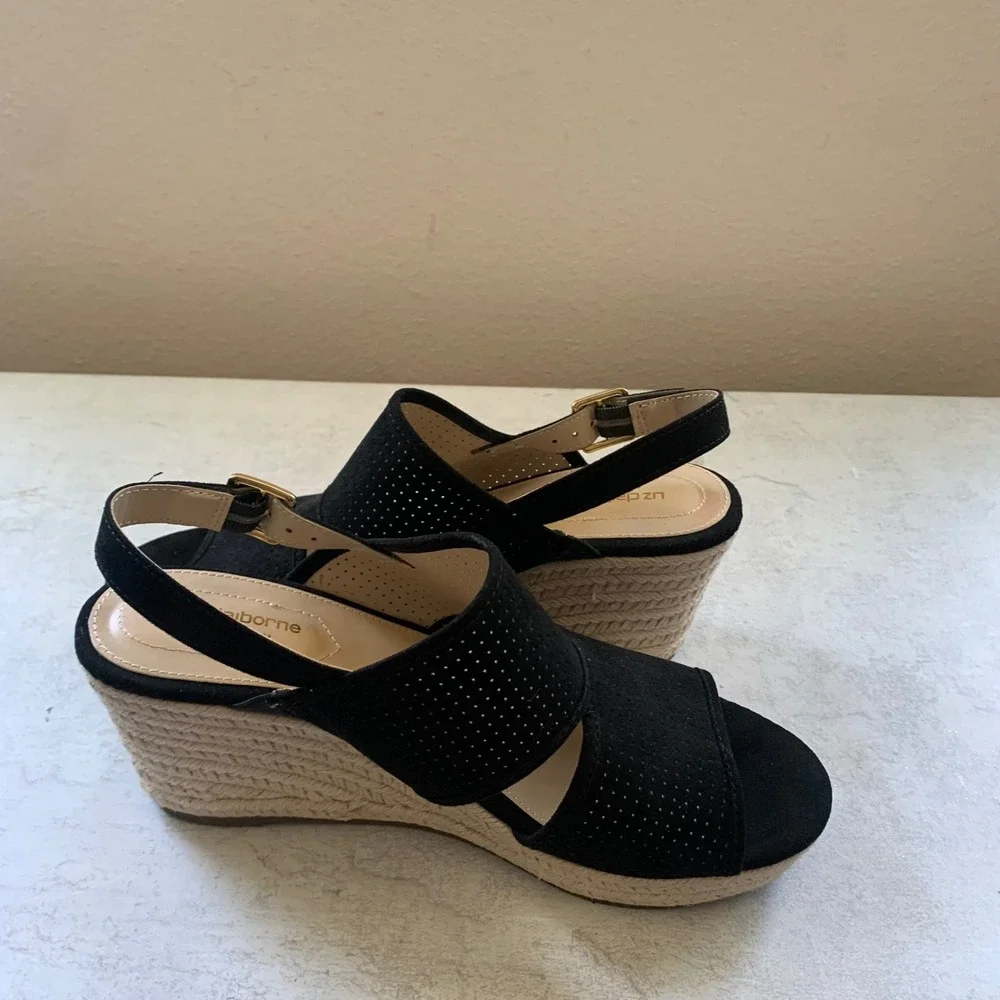 Liz Claiborne 8.5 Wedge Sandals Black LC Hatcher Perforated Espadrille Slingback